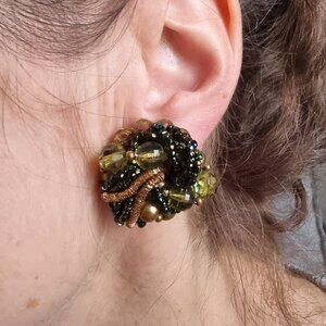 Vintage 1930s-1940s Miriam Haskell Unsigned Clip-On Earrings W/ Green & Gold